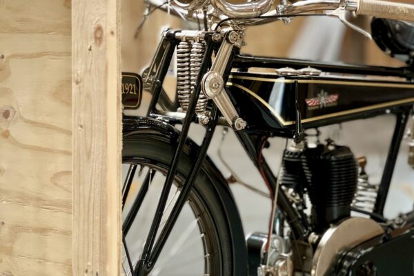 Front details of 1921 Gnome-Rhone motorcycle during packing